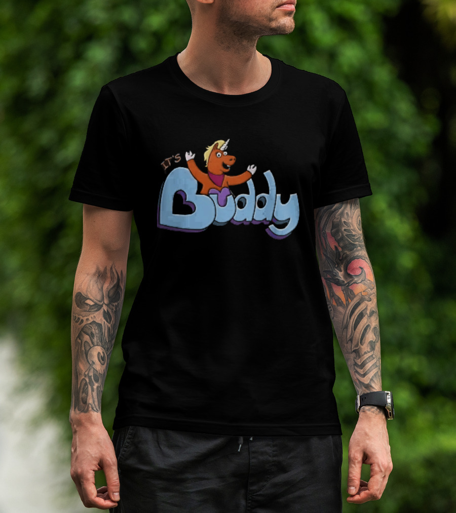 Its Buddy Cartoon Orange Unicorn Horse Purple Scarf Raised Arms T-Shirt