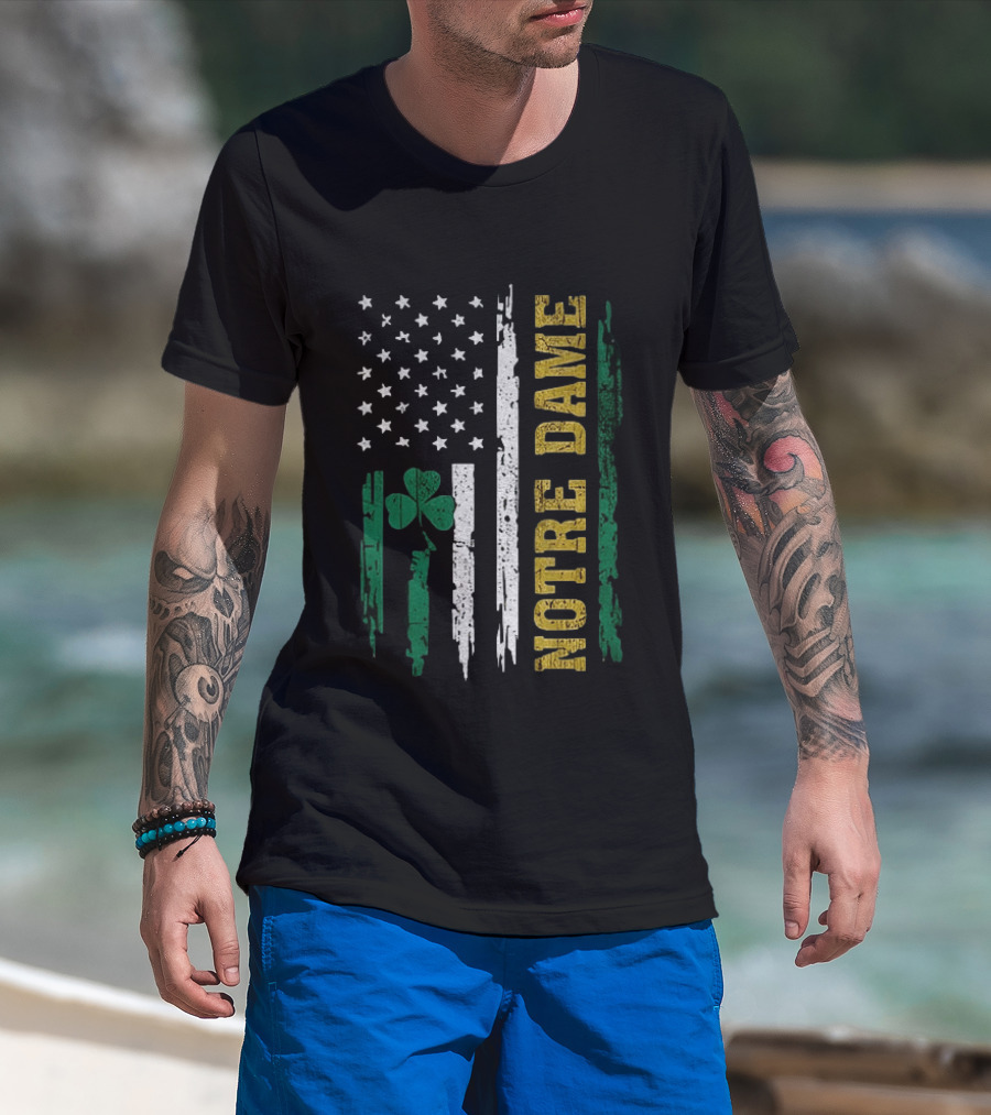 Notre Dame Irish American Flag Football Clover Stars T-Shirt