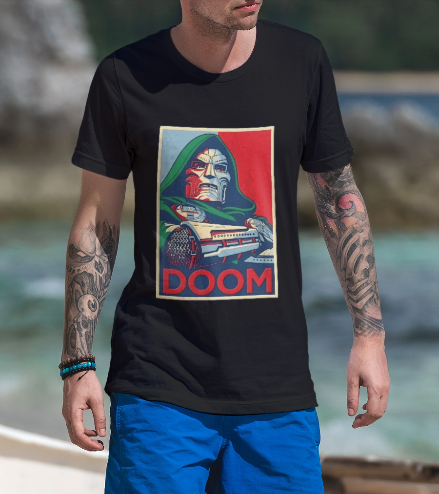 Doom Supervillain Mask Hooded Armored Gauntlets Red Blue T-Shirt