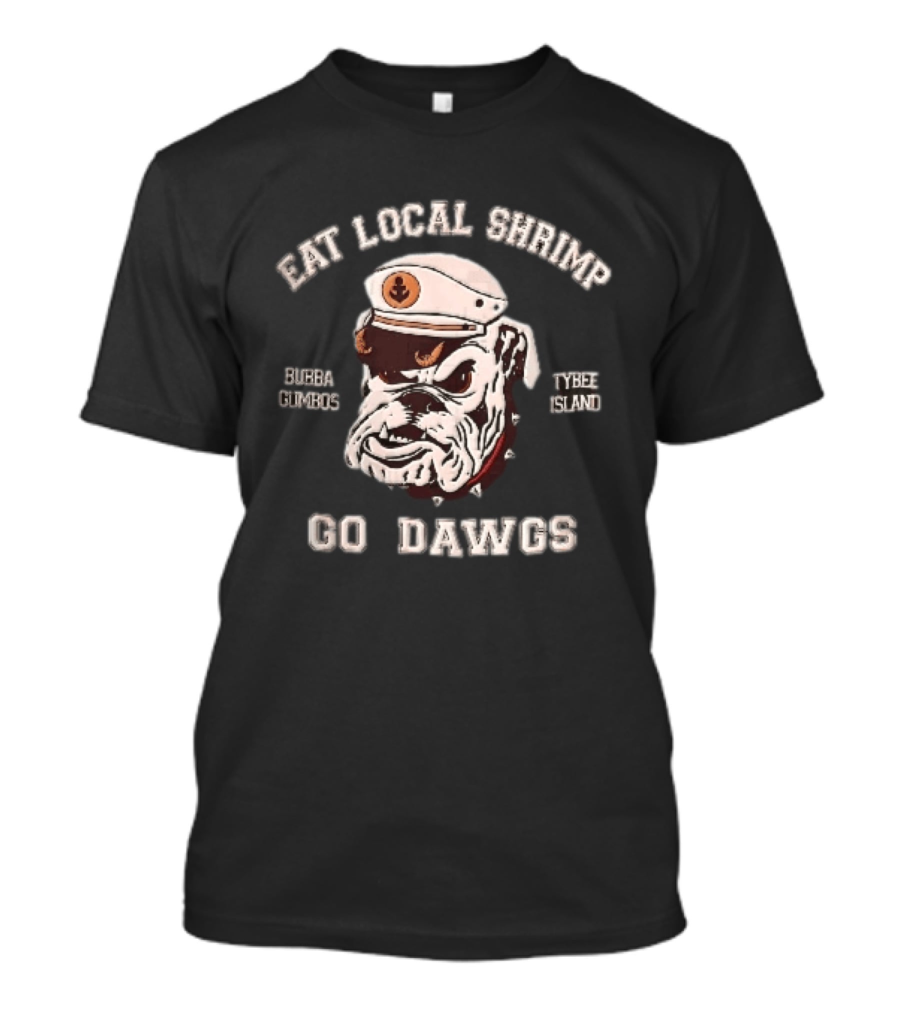 Eat Local Shrimp Bubba Gumbos Tybee Island Go Dawgs Captain Hat Spiked Collar T-Shirt