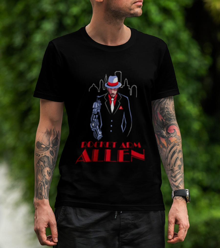 Rocket Arm Allen Man In Suit With Cybernetic Arm City Skyline T-Shirt
