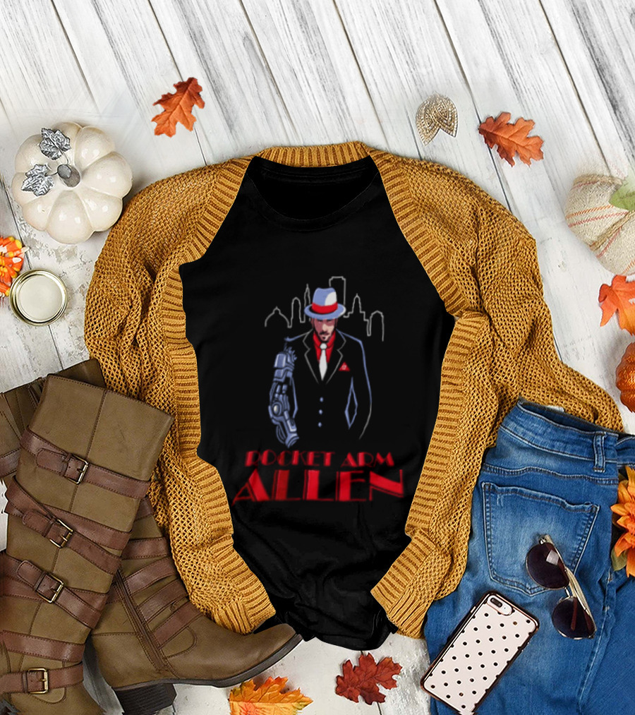 Rocket Arm Allen Man In Suit With Cybernetic Arm City Skyline T-Shirt