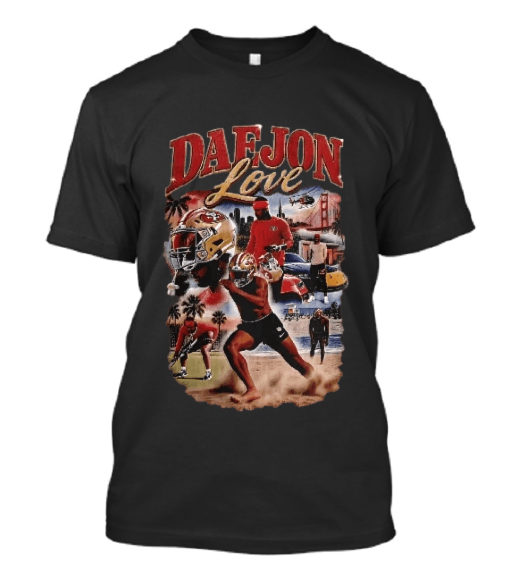 San Francisco 49ers Daejon Love Collage Running Barefoot Beach Player Photos T-Shirt