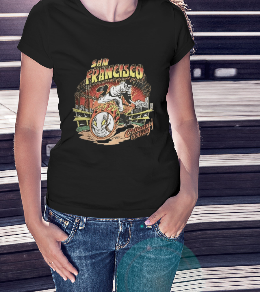 San Francisco Giants Skeleton Pitcher Flaming Baseball Golden Gate Bridge Carraway Clothing T-Shirt