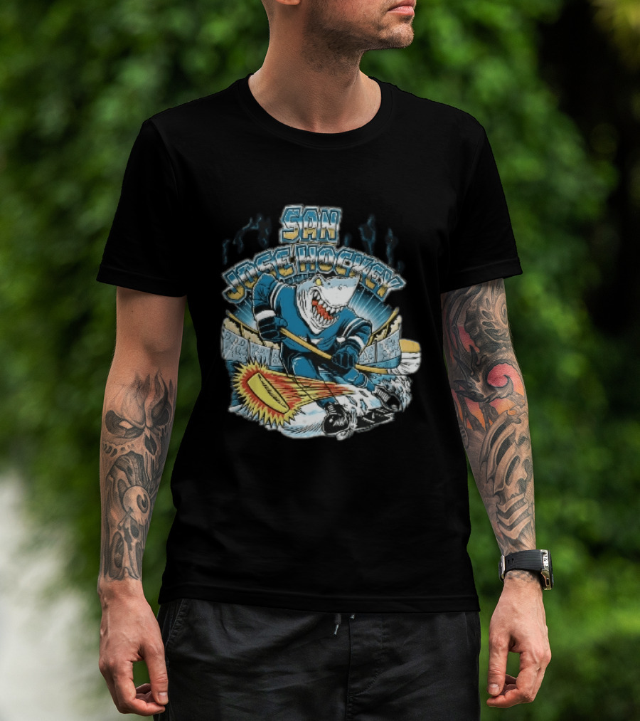 San Jose Hockey Cartoon Skating Shark Flaming Puck Ice Rink T-Shirt