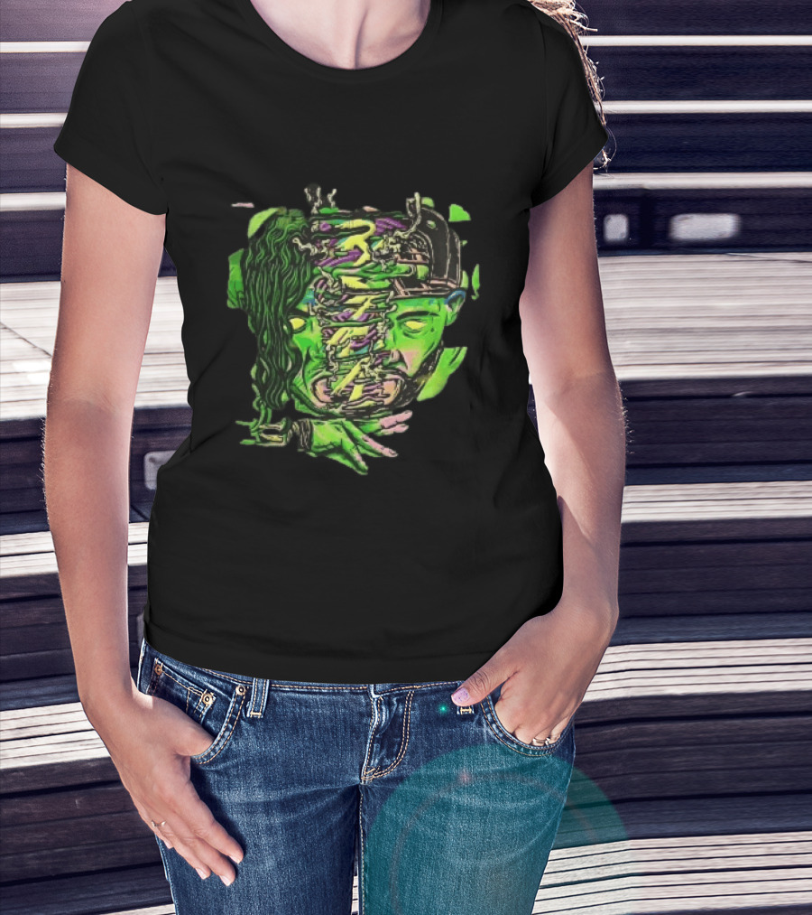 Split Green Head Glowing Yellow Eyes Neon Cartoon Halftone T-Shirt