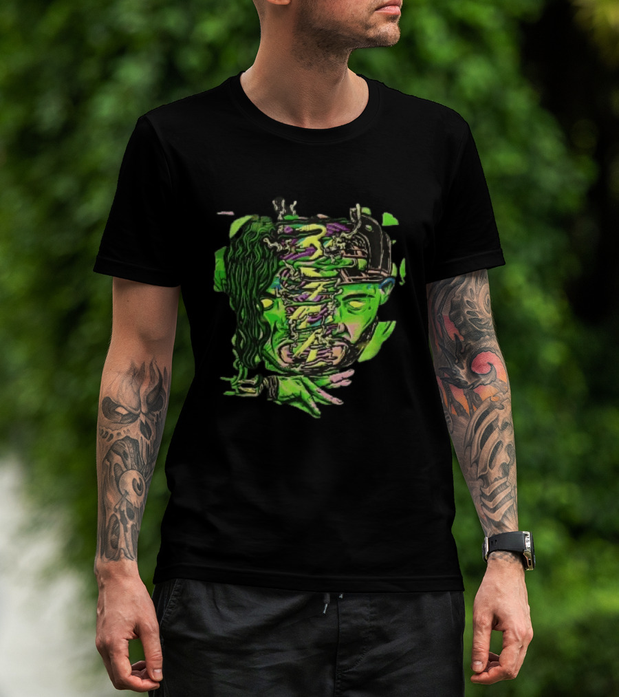 Split Green Head Glowing Yellow Eyes Neon Cartoon Halftone T-Shirt
