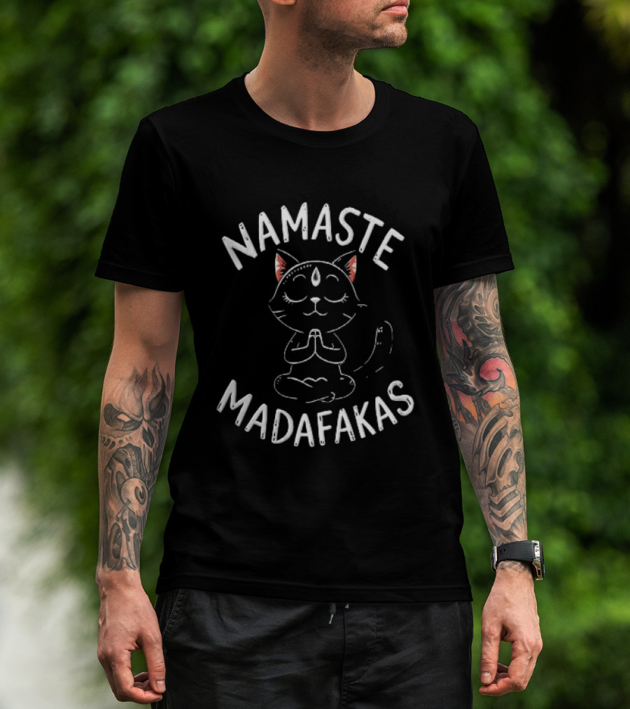 Namaste Madafakas Meditating Black Cat Lotus Pose T-Shirt