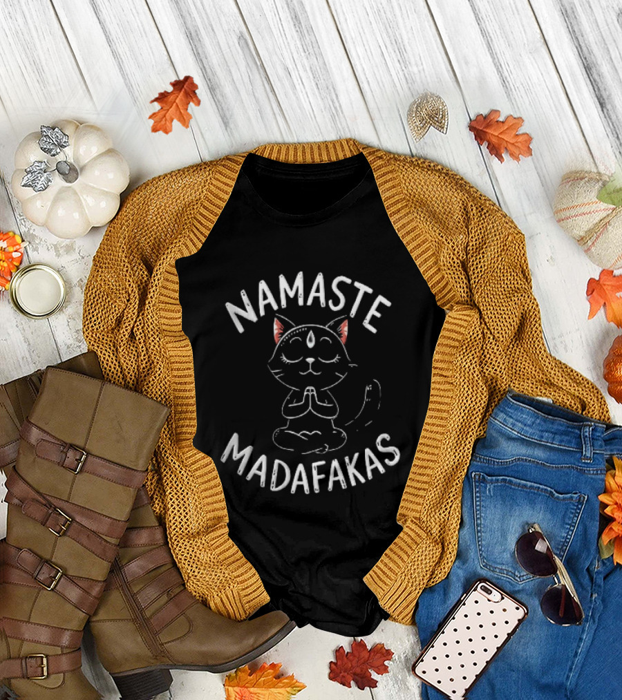 Namaste Madafakas Meditating Black Cat Lotus Pose T-Shirt
