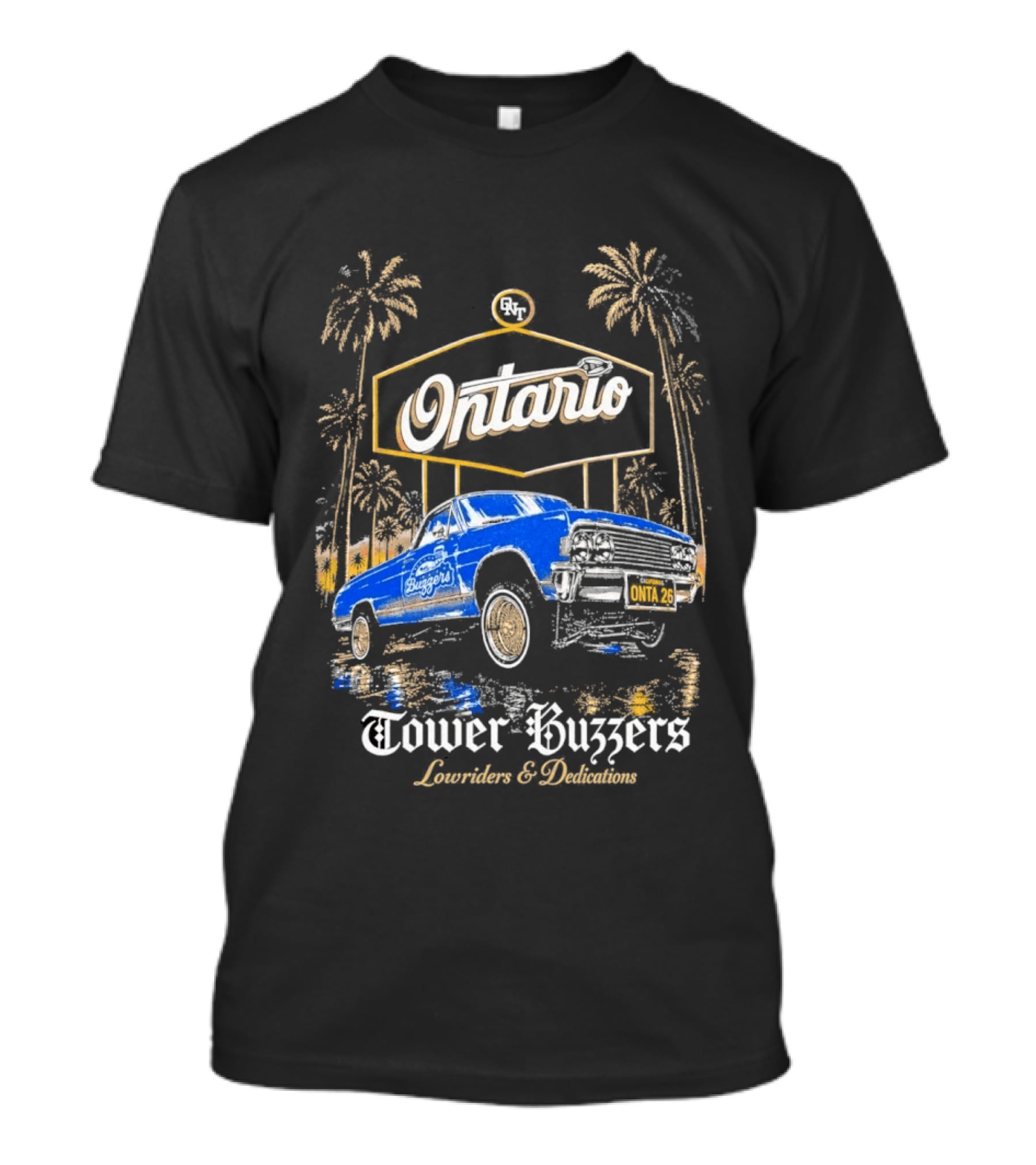 Ontario Tower Buzzers Lowrider Dedication Retro Car Scene T-Shirt