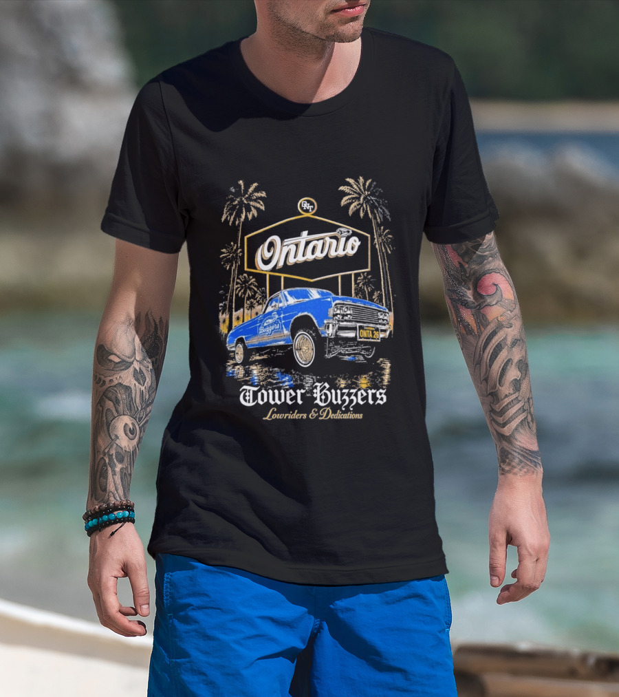 Ontario Tower Buzzers Lowrider Dedication Retro Car Scene T-Shirt