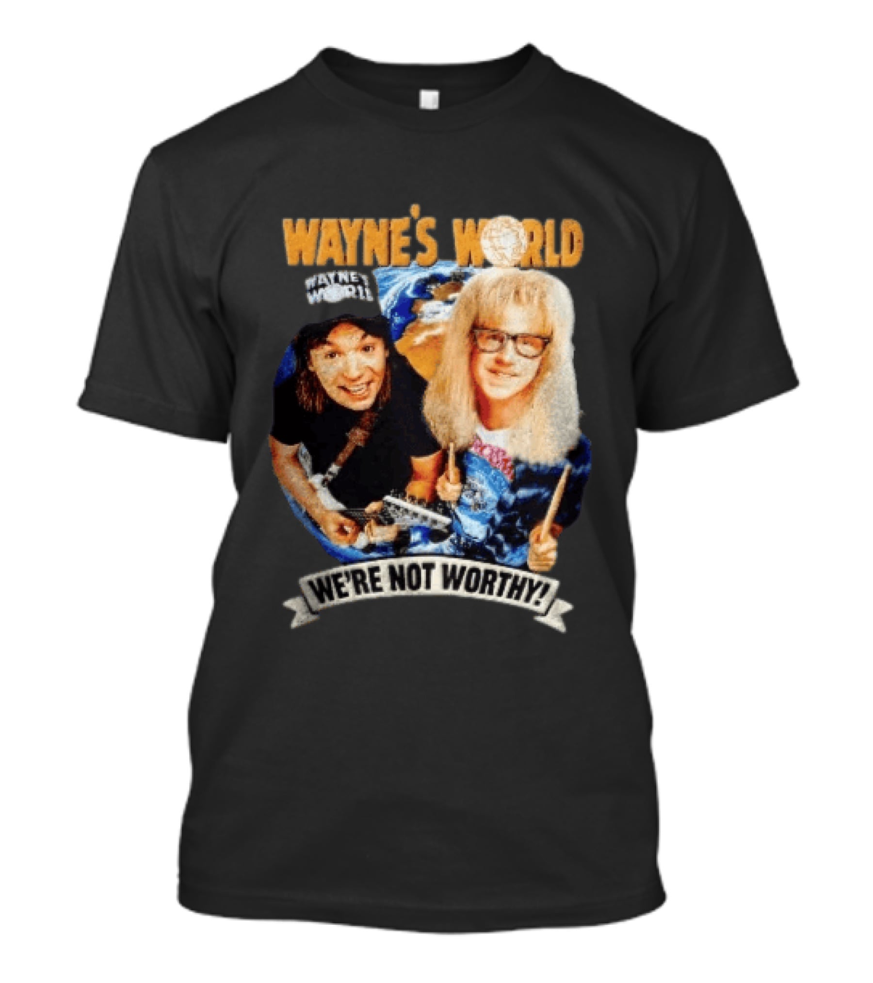 Wayne's World We're Not Worthy Wayne And Garth Classic Comedy Duo 90s Cult Film T-Shirt
