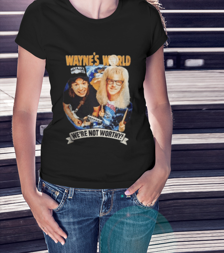 Wayne's World We're Not Worthy Wayne And Garth Classic Comedy Duo 90s Cult Film T-Shirt