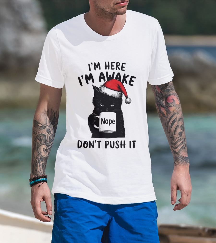 Black Cat Santa I'm Here I'm Awake Nope Don't Push It Holiday T-Shirt