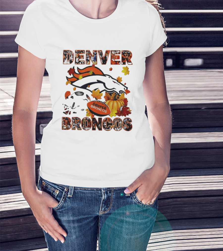 Denver Broncos Football Autumn Fall Leaves Pumpkin Halloween 2026 T-Shirt