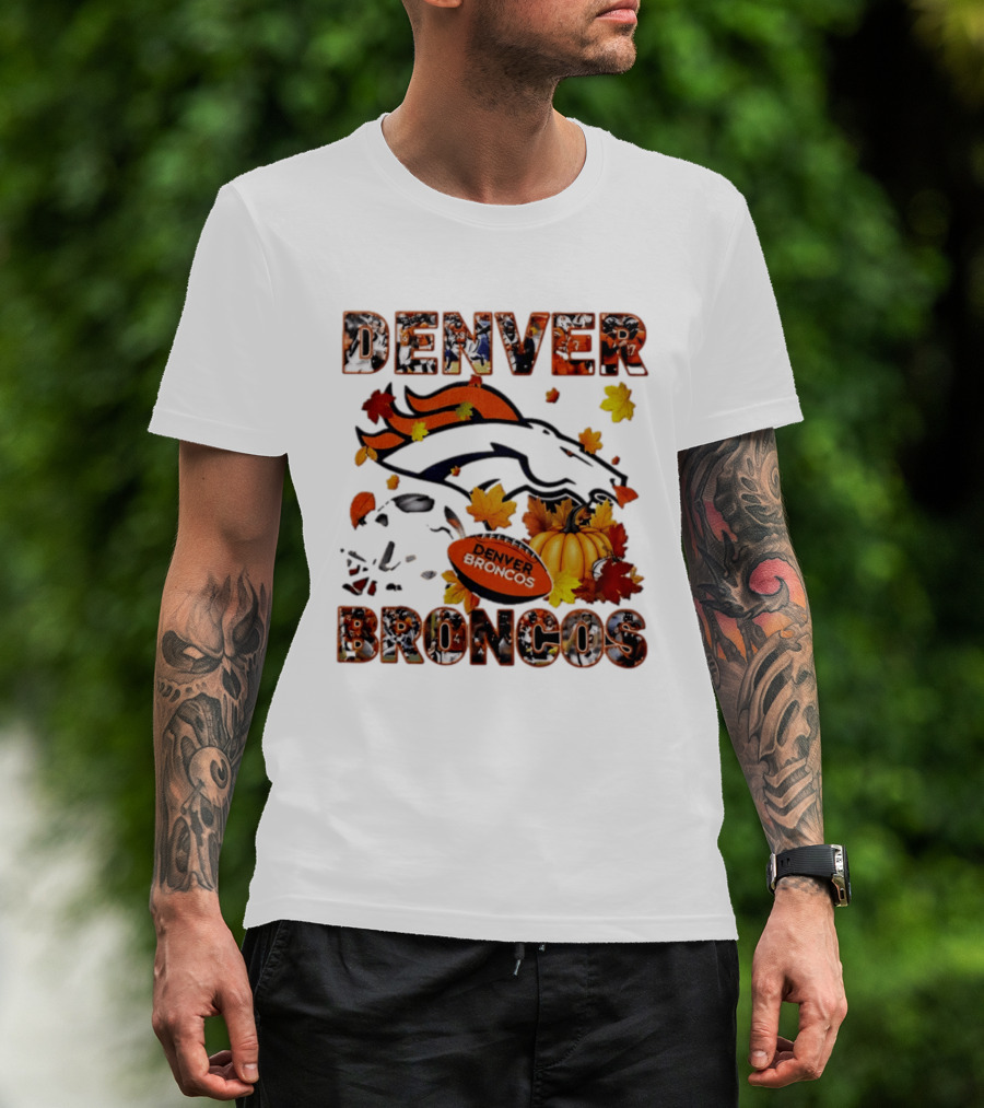 Denver Broncos Football Autumn Fall Leaves Pumpkin Halloween 2026 T-Shirt
