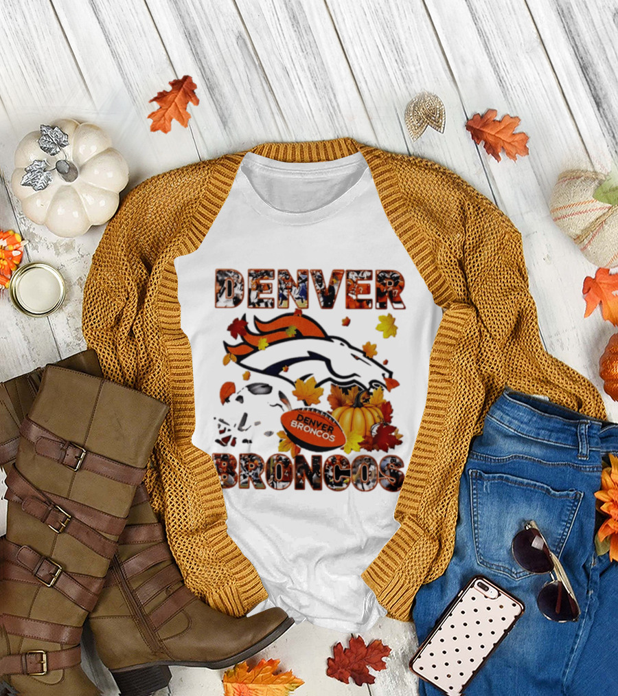 Denver Broncos Football Autumn Fall Leaves Pumpkin Halloween 2026 T-Shirt