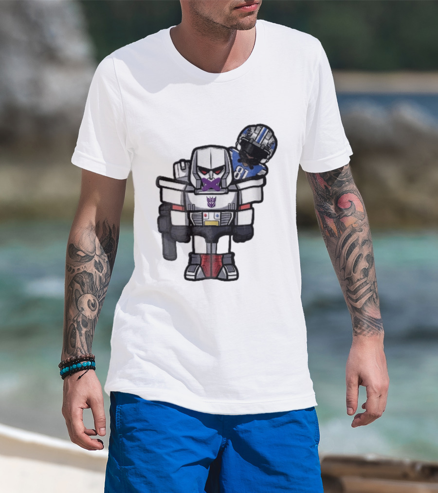 Detroit Lions Chibi Megatron Transformers Cartoon Tape On Mouth Caricature T-Shirt
