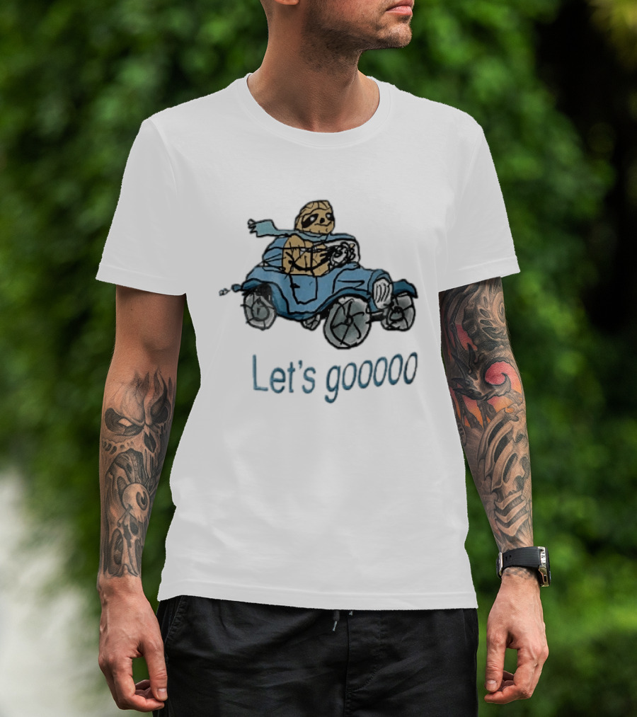 Let's Gooooo Cartoon Sloth Scarf Driving Blue Car Sketch T-Shirt