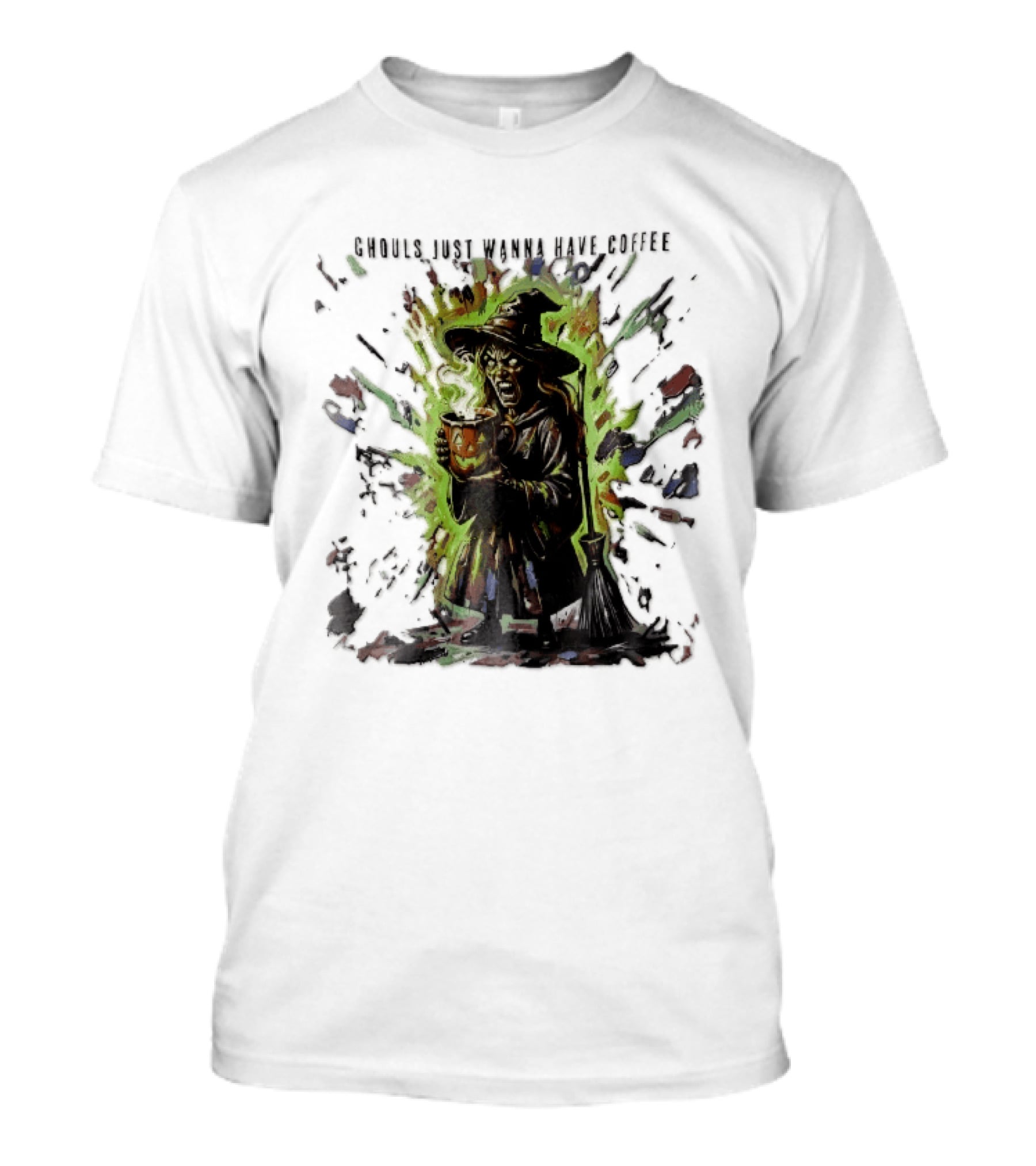 Ghouls Just Wanna Have Coffee Witch With Pumpkin And Broom Colorful Splatter T-Shirt
