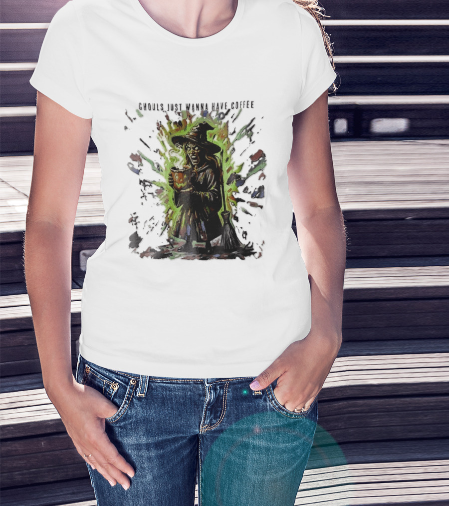 Ghouls Just Wanna Have Coffee Witch With Pumpkin And Broom Colorful Splatter T-Shirt