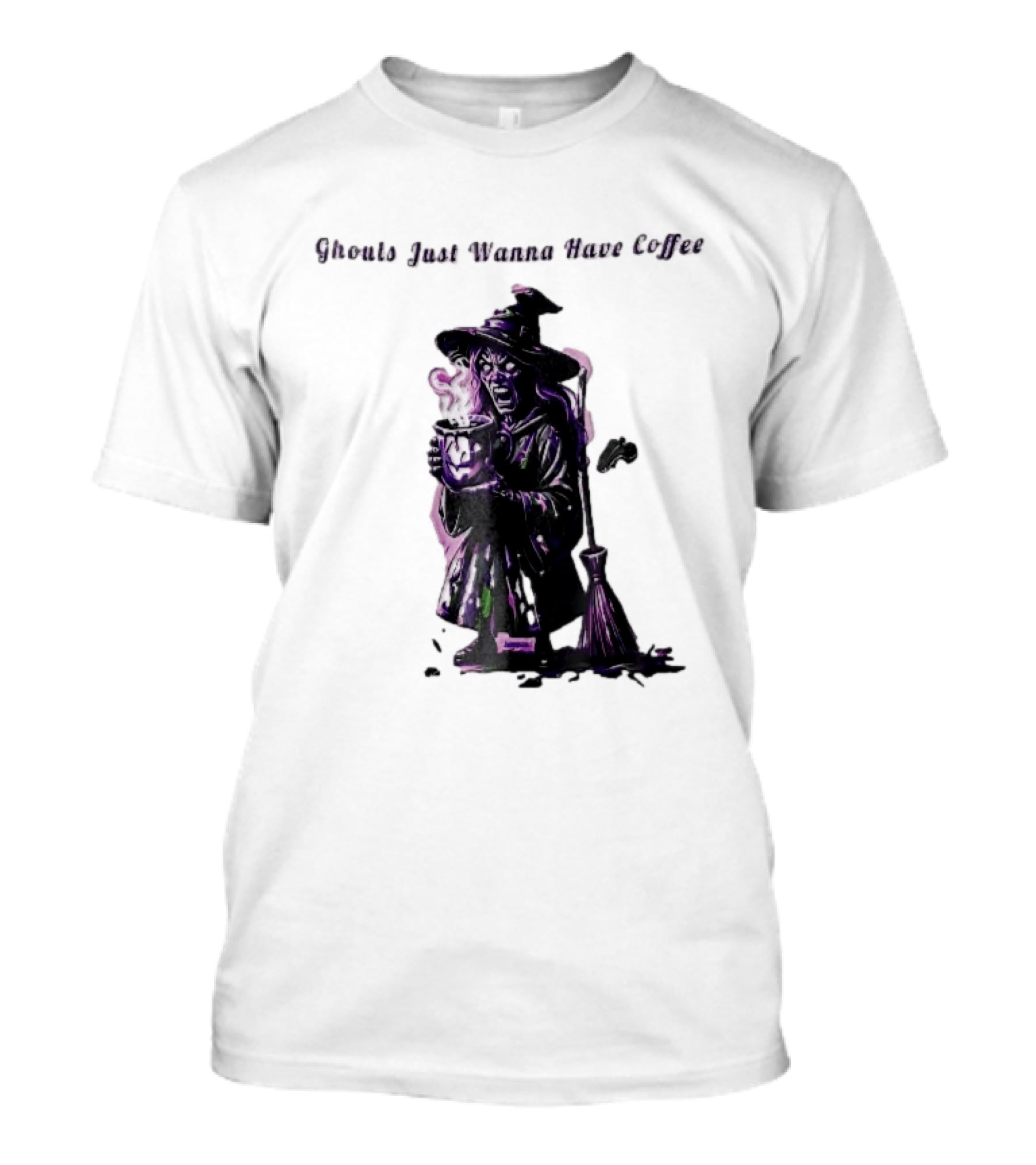 Ghouls Just Wanna Have Coffee Witch Holding Steaming Broomstick T-Shirt