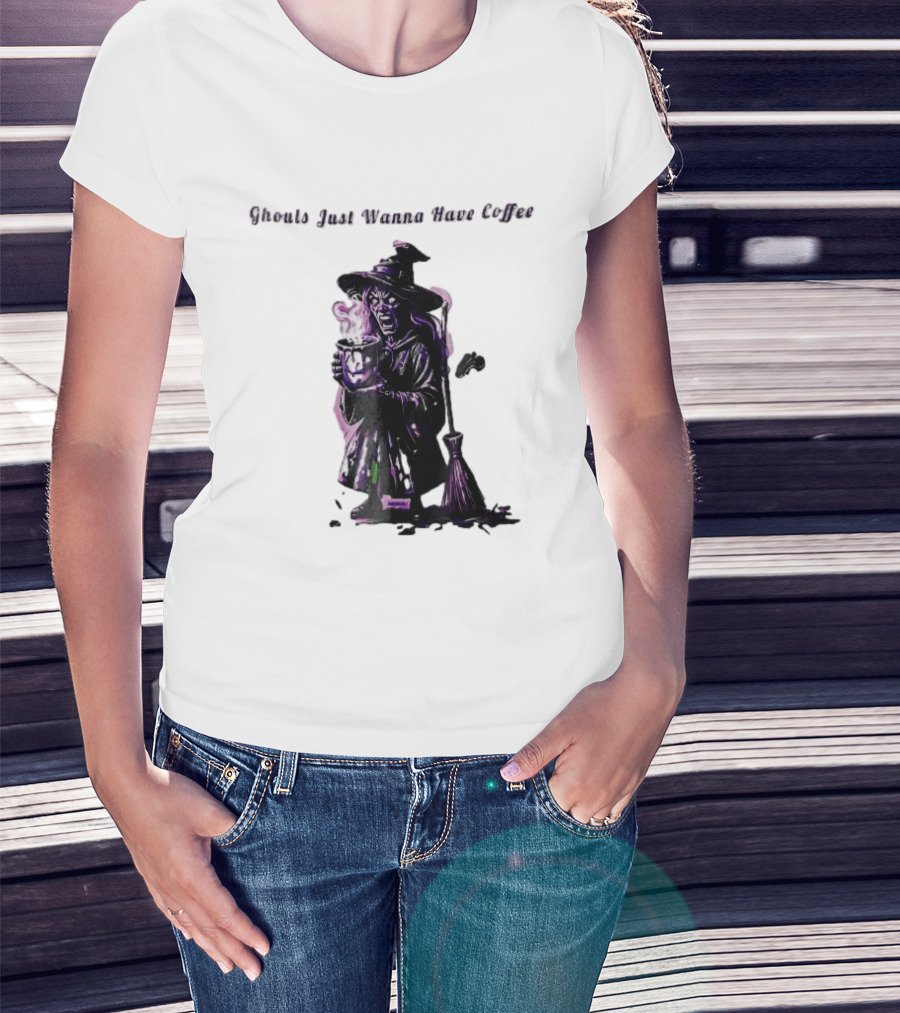 Ghouls Just Wanna Have Coffee Witch Holding Steaming Broomstick T-Shirt