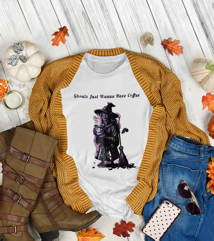 Ghouls Just Wanna Have Coffee Witch Holding Steaming Broomstick T-Shirt