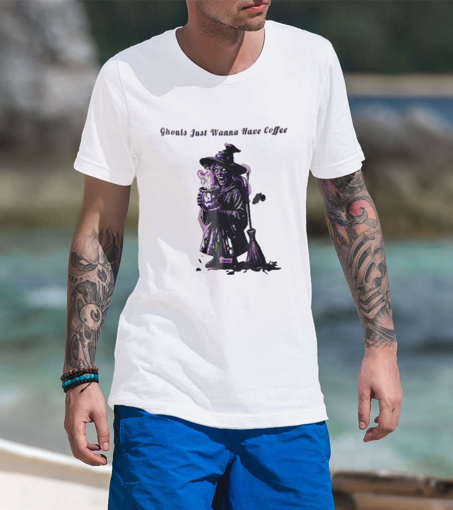 Ghouls Just Wanna Have Coffee Witch Holding Steaming Broomstick T-Shirt
