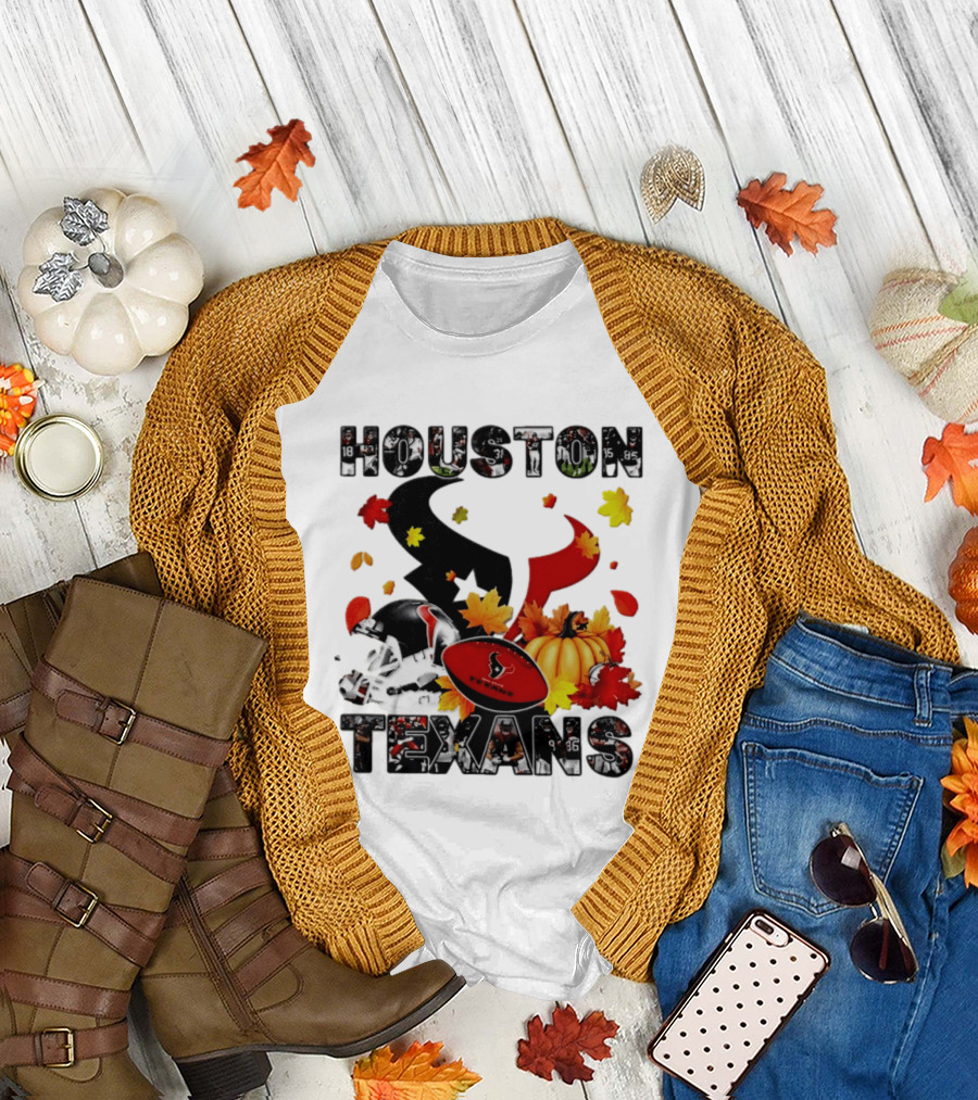 Houston Texans Football Autumn Fall Pumpkin Helmet Leaves 2026 Halloween T-Shirt