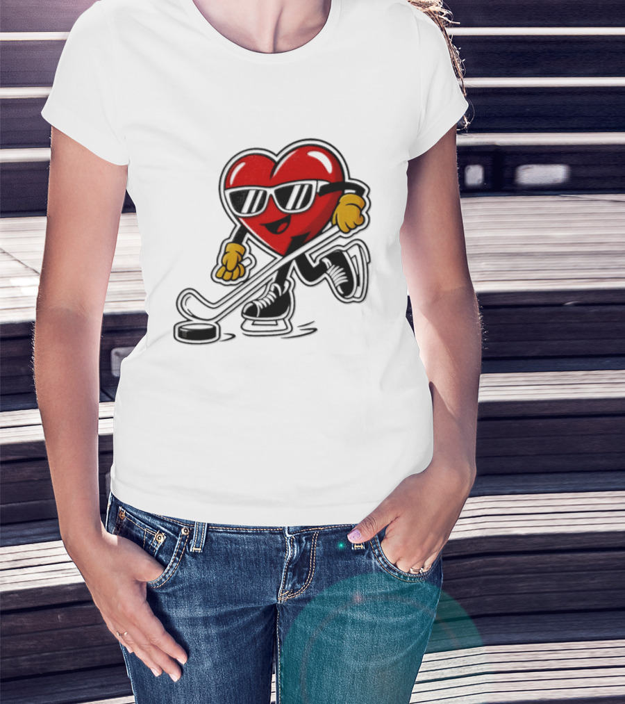 I Love Hockey Heart Character With Sunglasses And Stick T-Shirt