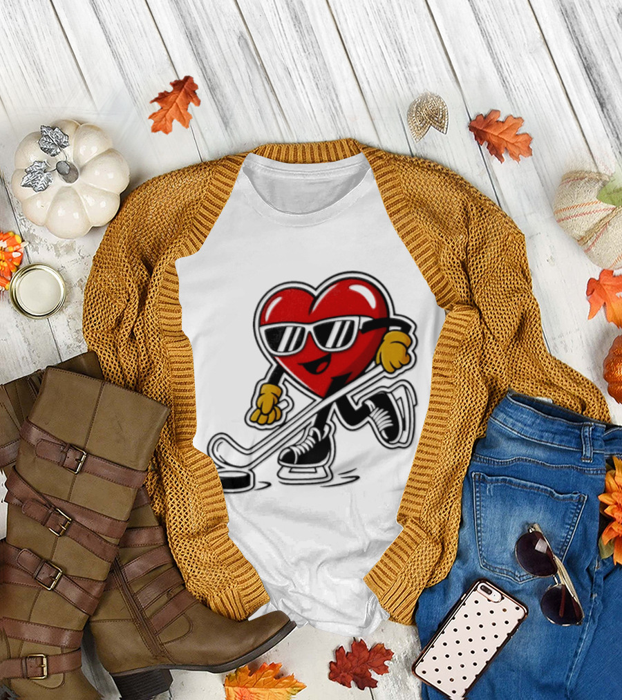 I Love Hockey Heart Character With Sunglasses And Stick T-Shirt