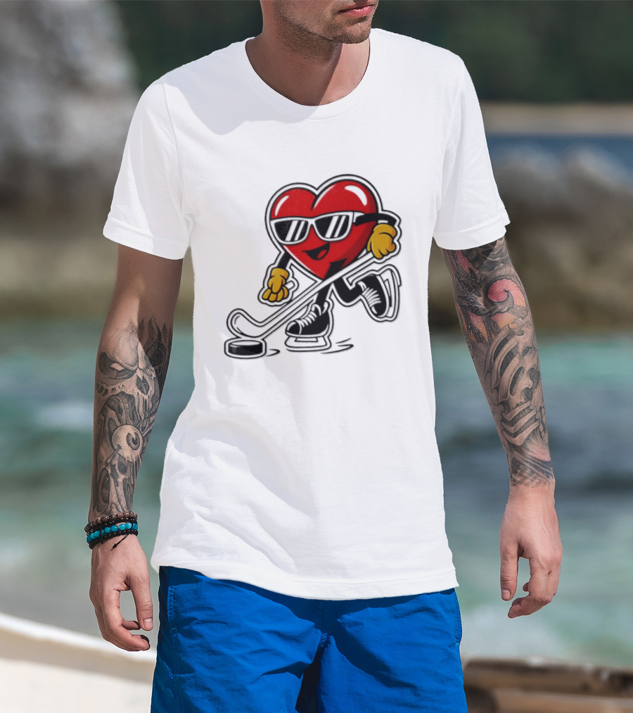 I Love Hockey Heart Character With Sunglasses And Stick T-Shirt