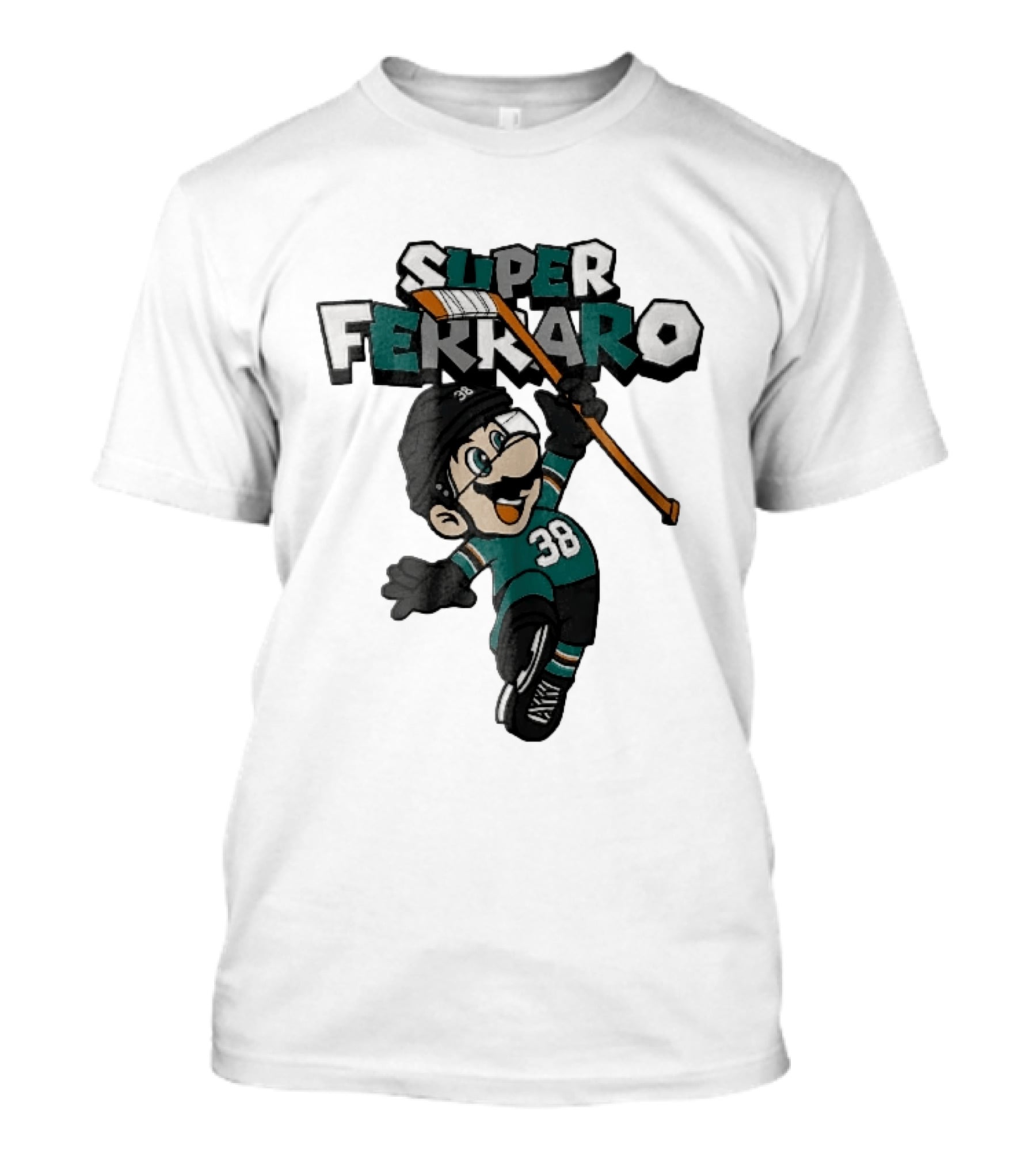 Super Ferraro Mario 38 Ice Hockey Player Jumping Stick Cartoon Caricature T-Shirt