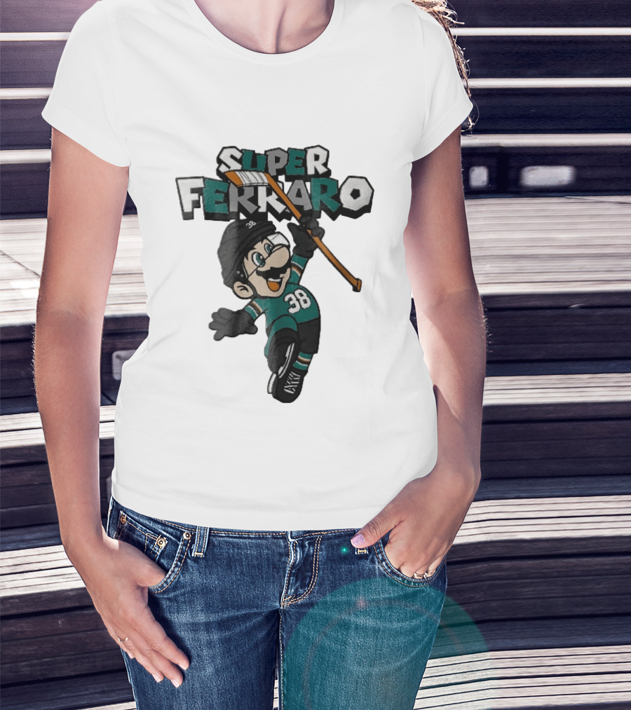 Super Ferraro Mario 38 Ice Hockey Player Jumping Stick Cartoon Caricature T-Shirt
