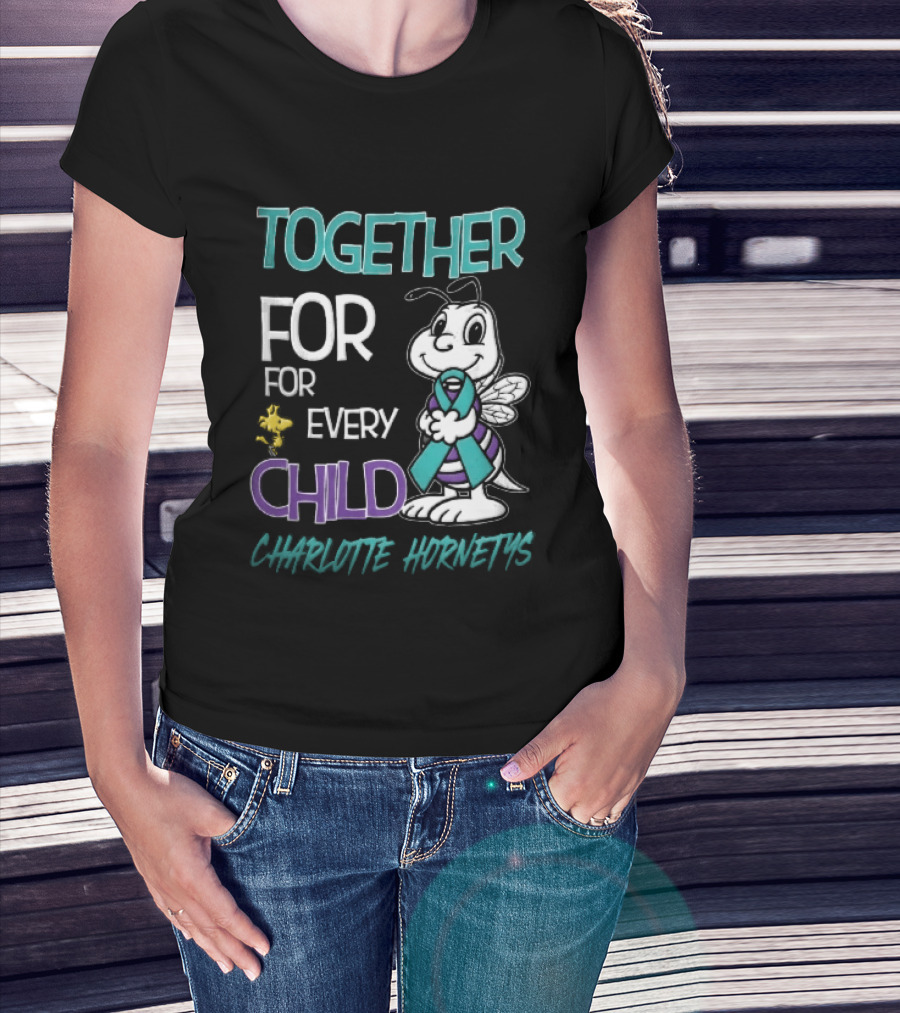 TOGETHER FOR EVERY CHILD Charlotte Hornets Cartoon Hornet Holding Ribbon Woodstock T-Shirt