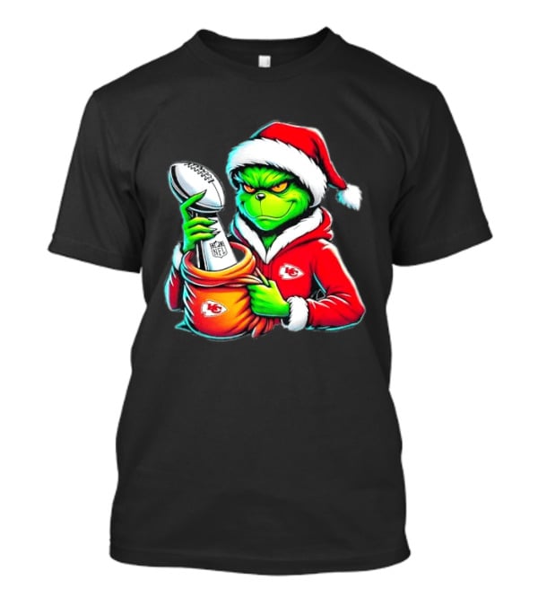 Kansas City Chiefs Grinch Christmas Holiday NFL Trophy Santa Hat T-Shirt