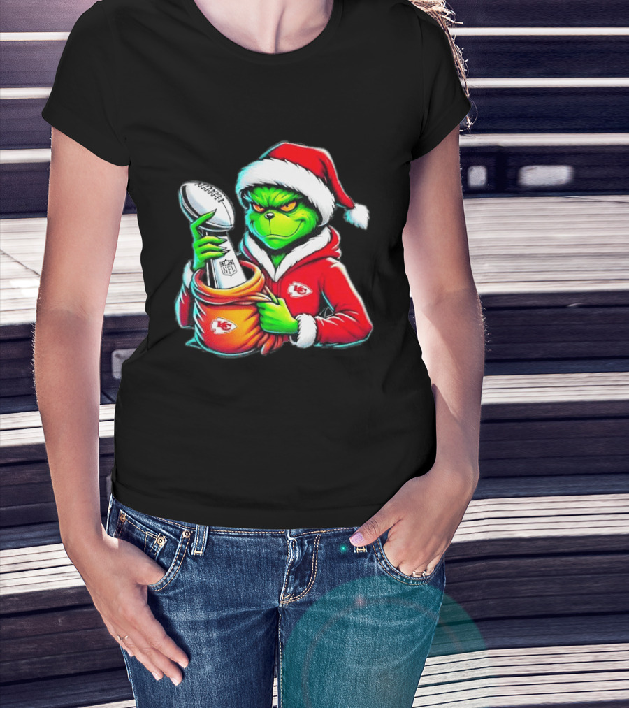 Kansas City Chiefs Grinch Christmas Holiday NFL Trophy Santa Hat T-Shirt
