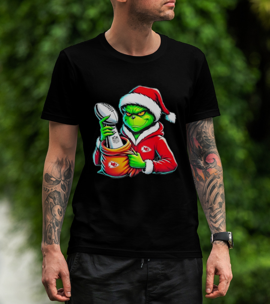 Kansas City Chiefs Grinch Christmas Holiday NFL Trophy Santa Hat T-Shirt