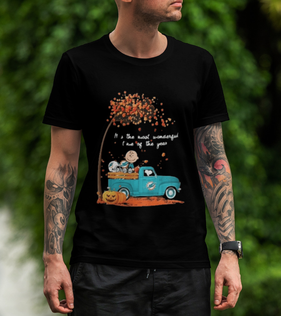 Miami Dolphins Charlie Brown Snoopy Pickup Truck Pumpkins Most Wonderful Time Of Year T-Shirt