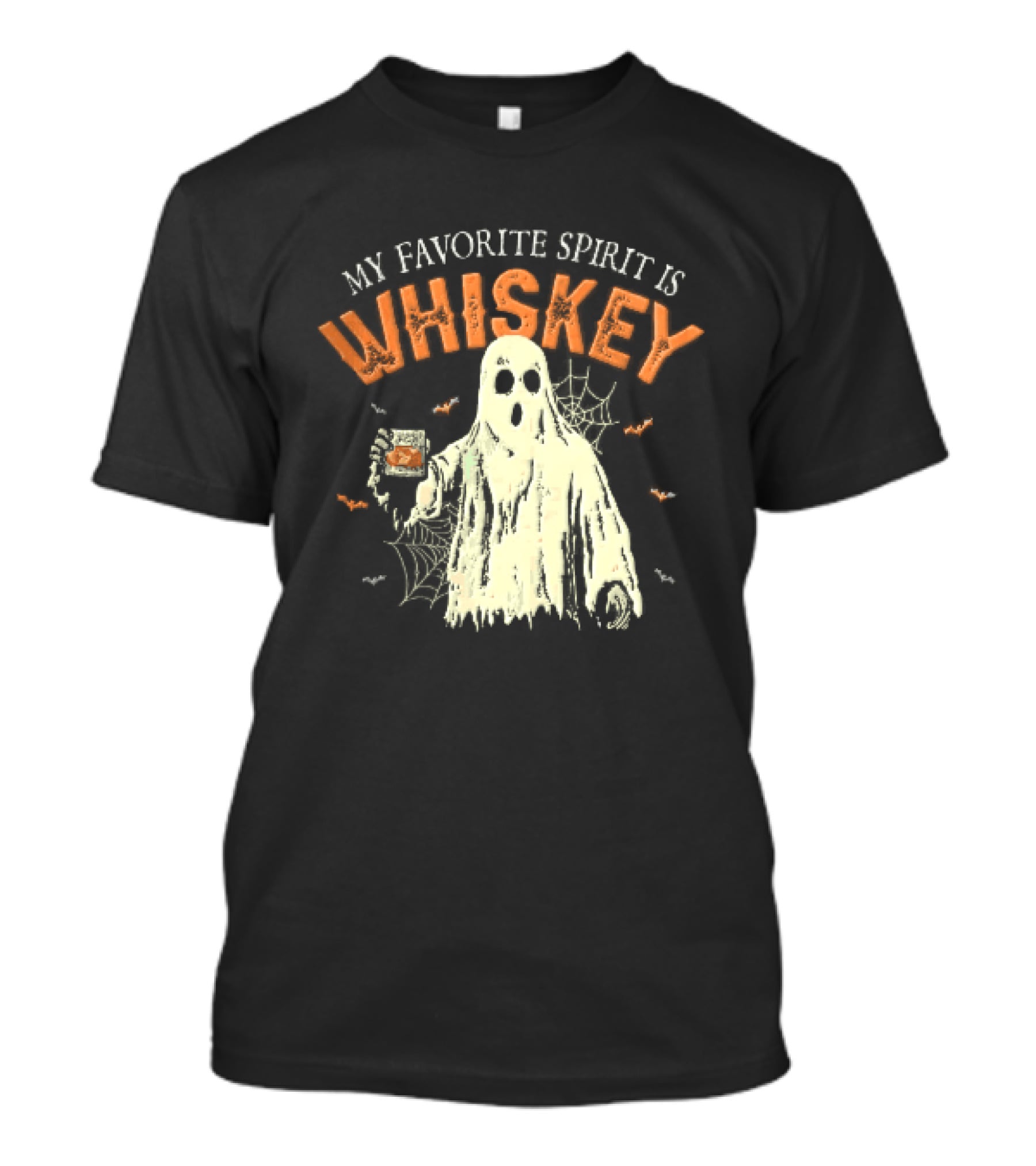 My Favorite Spirit Is Whiskey Ghost Holding Glass Bats Cobwebs Distressed T-Shirt