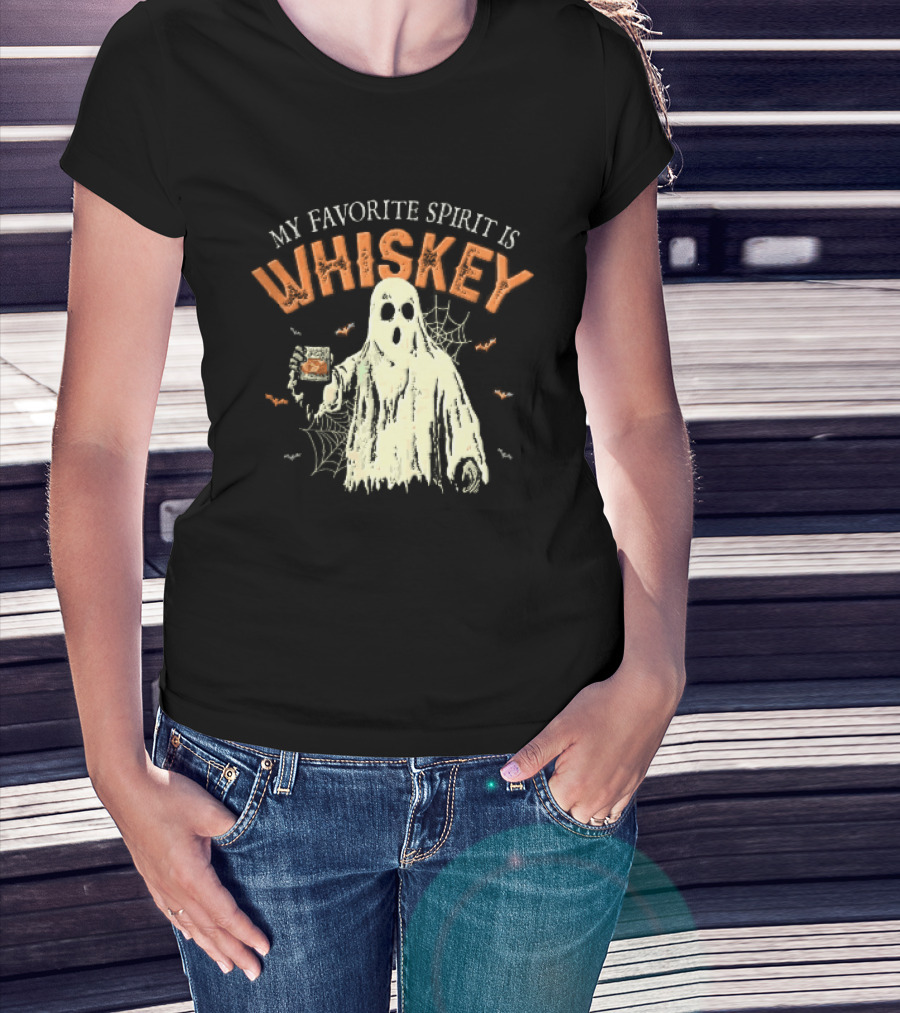My Favorite Spirit Is Whiskey Ghost Holding Glass Bats Cobwebs Distressed T-Shirt