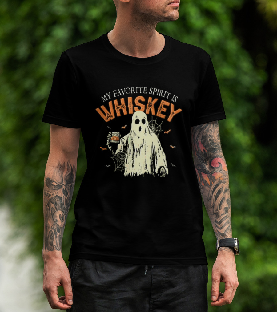 My Favorite Spirit Is Whiskey Ghost Holding Glass Bats Cobwebs Distressed T-Shirt