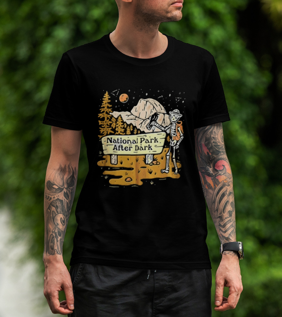 National Park After Dark Skeleton Ranger With Raven And Mountain Cartoons T-Shirt