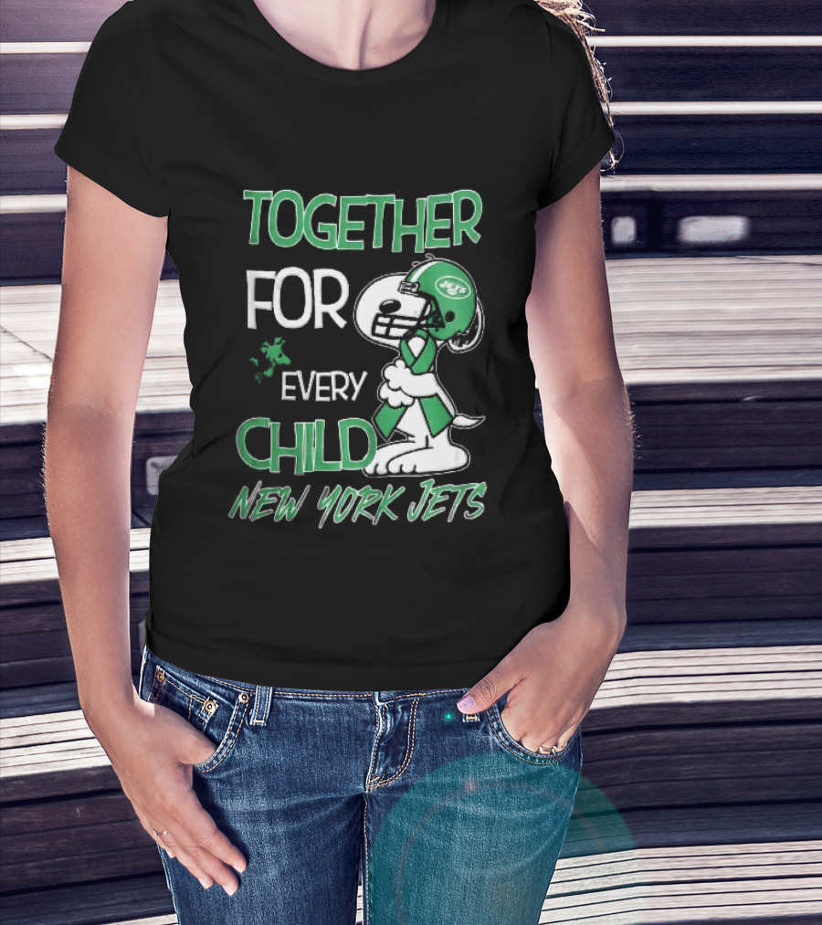 New York Jets Snoopy Woodstock Together For Every Child Football Helmet Green Ribbon T-Shirt