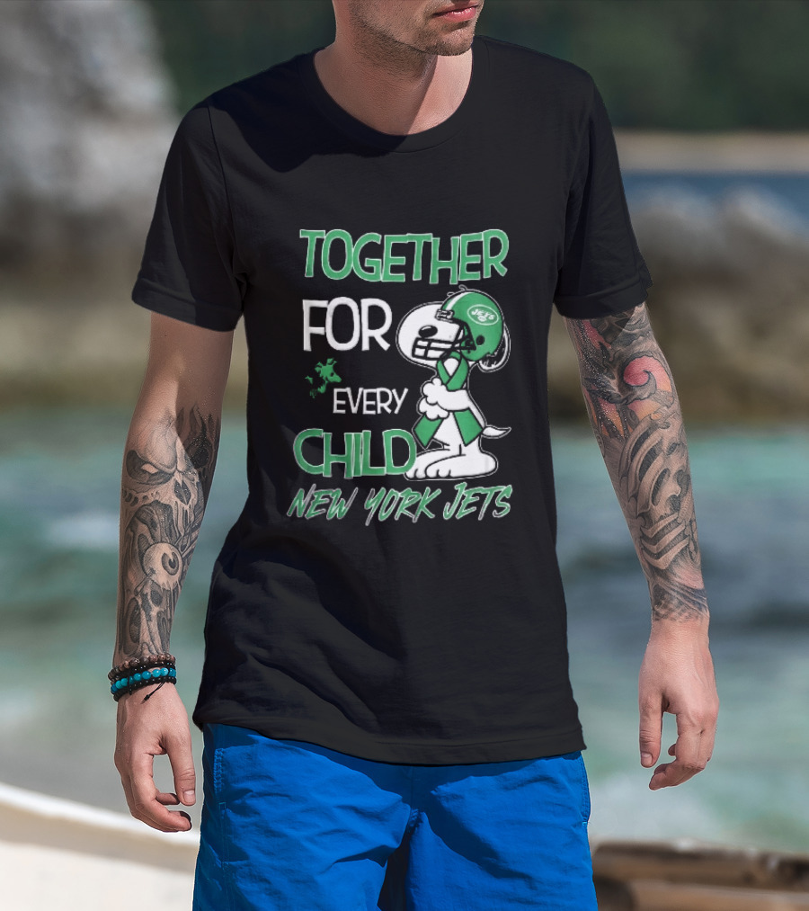 New York Jets Snoopy Woodstock Together For Every Child Football Helmet Green Ribbon T-Shirt