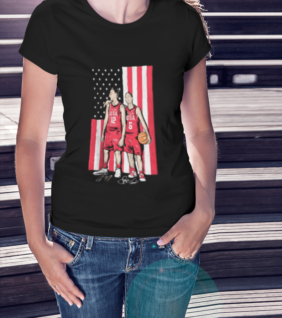 Sue Bird Diana Taurasi USA Basketball American Flag Signatures T-Shirt