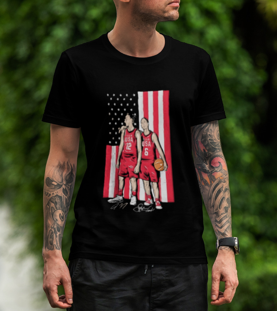 Sue Bird Diana Taurasi USA Basketball American Flag Signatures T-Shirt