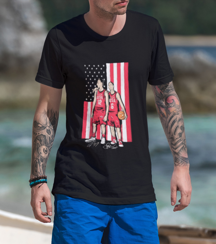 Sue Bird Diana Taurasi USA Basketball American Flag Signatures T-Shirt