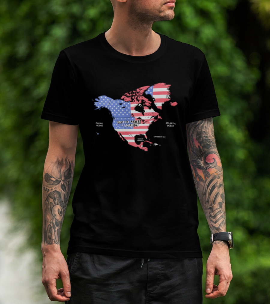 United States American Flag Map Of North America Featuring USA Canada Mexico Greenland T-Shirt